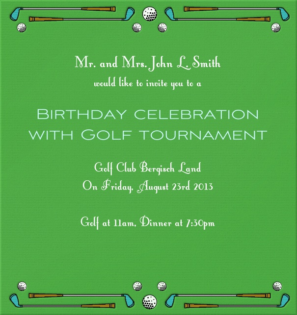 High Format Green Golf Themed Invitation Card with Golf Clubs and ball.