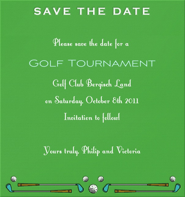 High Green Sport Themed Save the Date Card with Golf Clubs and Balls.