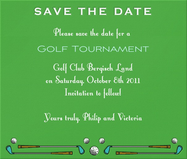 Green Sport Themed Save the Date Card with Golf Clubs and Balls.