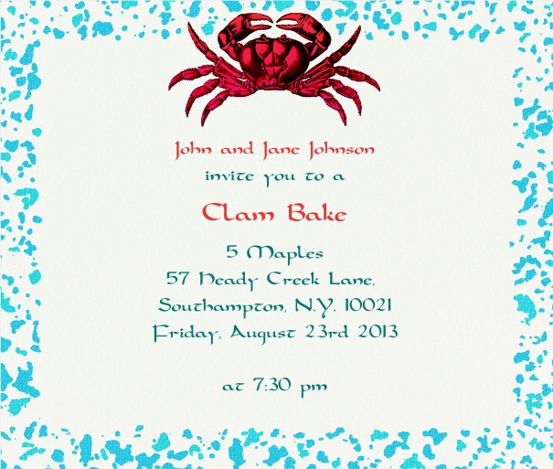 Weisse online Einladungskarte mit blauem Rahmen und roter Krabbe.
