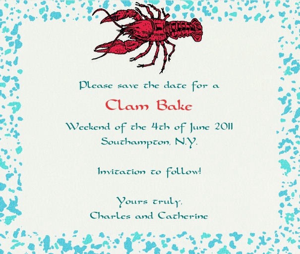 Weiße Sommer Kartenvorlage für Online Save the Date Sendungen in Querformat mit hellblauem Rand und rotem Lobster inklusive gestalteter Text zum Anpassen.