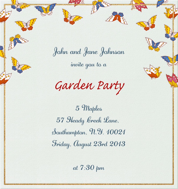 High format White Summer Party Invitation with butterflies.
