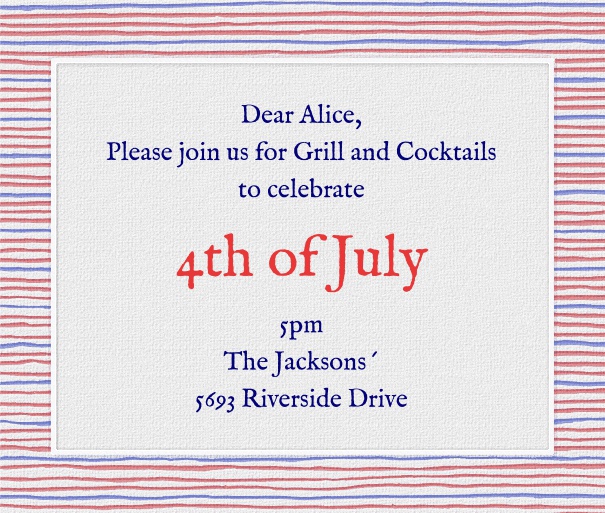 Square Red White and Blue Fourth of July Invitation Template with Designed Border.