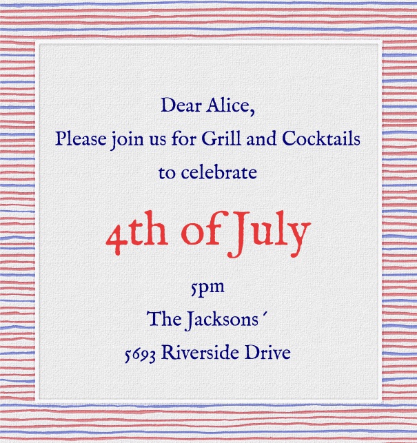 High Format Red White and Blue Fourth of July Invitation Template with Designed Border.