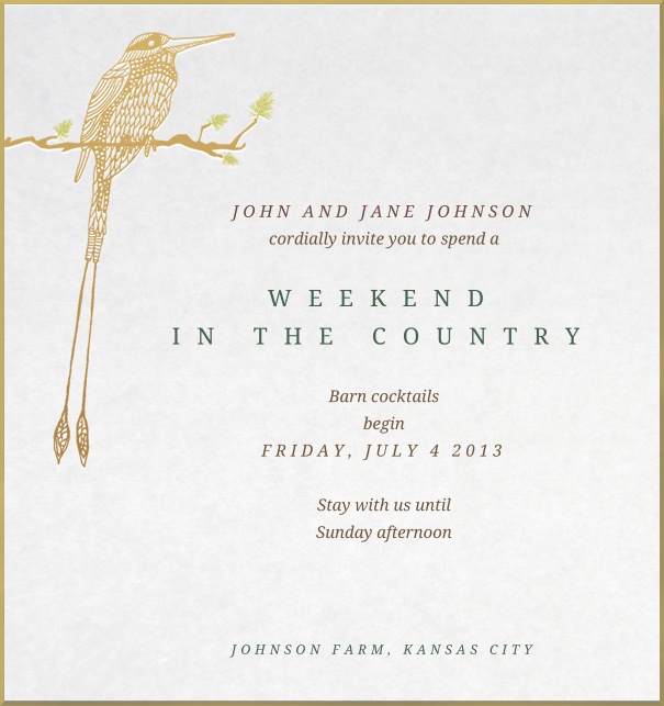 Einladungskarte für Geburtstage oder Jahrestage mit goldenem Rand und Vogel.