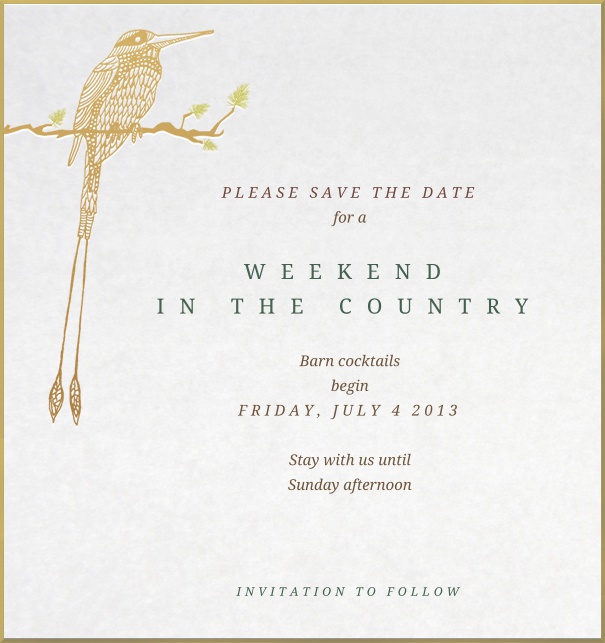 Save the Date Karten für Parties mit goldenem Vogel und Rahmen.