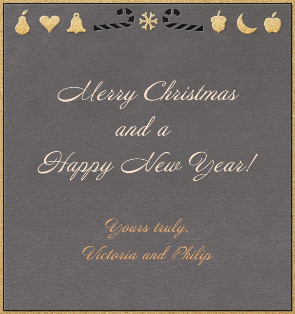 Graue hochkant Weihnachtskarte mit goldenem Rand und Weihnachtsdekoration.