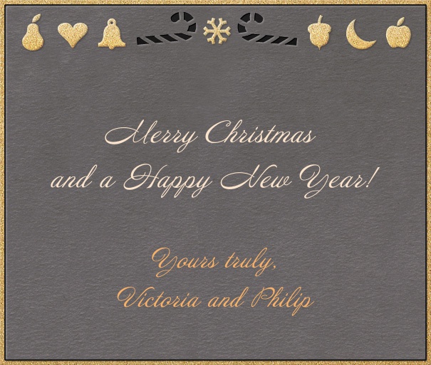 Graue Weihnachtskarte mit goldenem Rand und Weihnachtsdekoration.