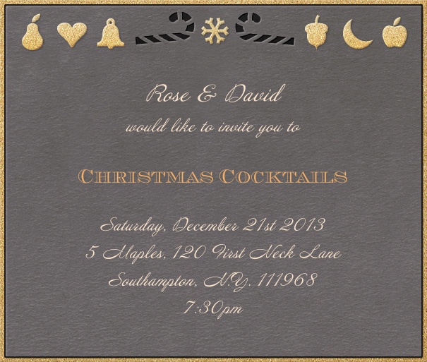 Grey Christmas square format invitation card with golden border and Christmas decoration in top part of card. Including designed text in black and yellow to match the card.
