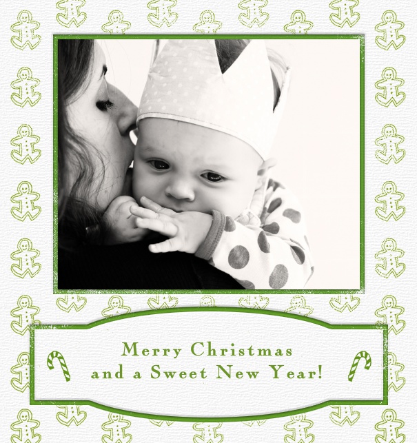 Online Weihnachtskarte mit Fotooption und grünen Keksmännchen inklusive gestalteter Text zum Anpassen.