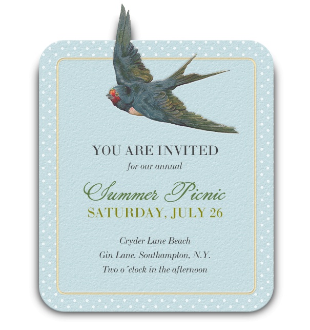 Summer Invitation for Party or picnic in blue with sparrow.