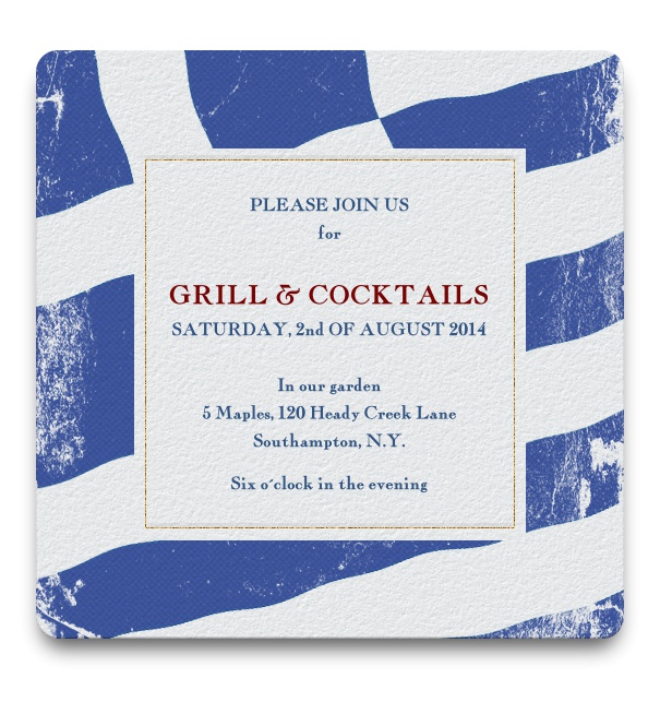 Einladungskarte zum Grillen und Cocktails mit griechischer Flagge als Hintergrund und weißem Textfeld