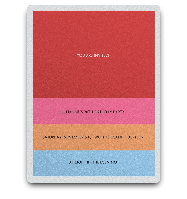 Minimalist modern invitation card design with colourful red, pink, orange and blue stripes for text.