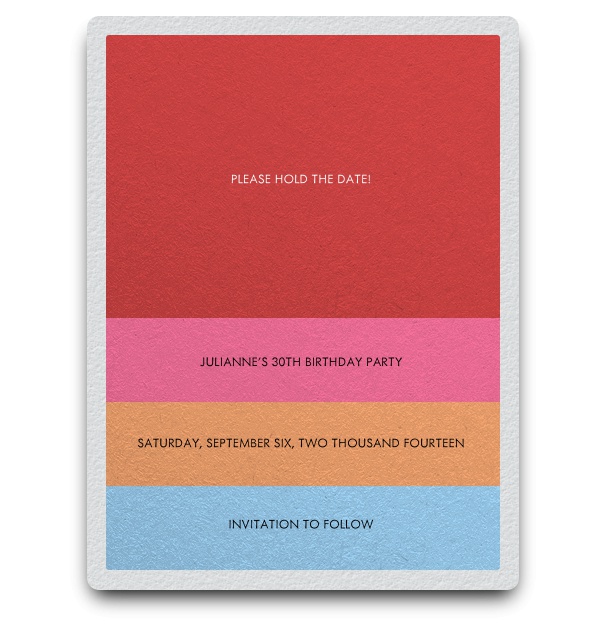 Farbenfrohe Online Kartenvorlage für moderne  Save the Date-Karten mit roten, pinken, orangen und blauen Streifenm jeweils mit editierbarem Textfeld.