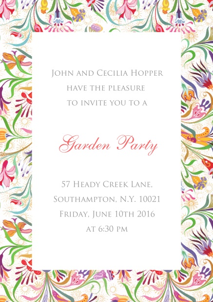 Online hochkant Einladungskarte mit buntem Blumenrahmen, perferk für Familienfeste.
