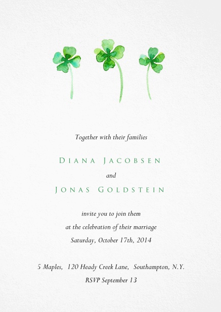 White invitation card with three green four leaf covers.