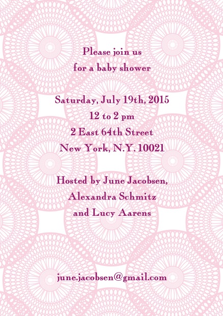 Online invitation card with pink and round circles in the background and editable text field.