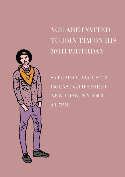 Online invitation in purple with young man for 30th birthday.