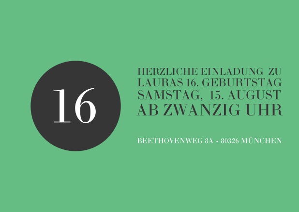 Online Einladung in grün mit schwarzem Kreis zum 16. Geburtstag.