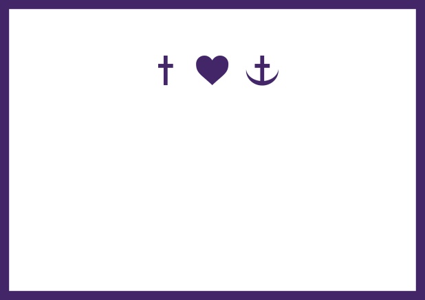 Confirmation invitation card online with customizable color and Christian symbols on front. Purple.
