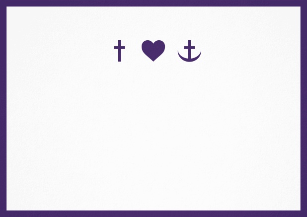 Confirmation invitation card with customizable color and Christian symbols on front. Purple.