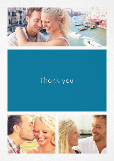 Thank you card with three photo fields and a text field in various colors. Blue.