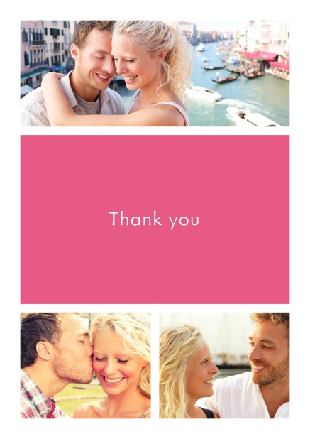 Online Thank you card with three photo fields surrounding a colorful textfield. Pink.