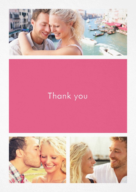 Thank you card with three photo fields and a text field in various colors. Pink.