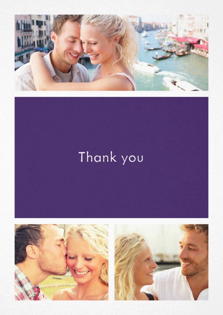 Thank you card with three photo fields and a text field in various colors. Purple.