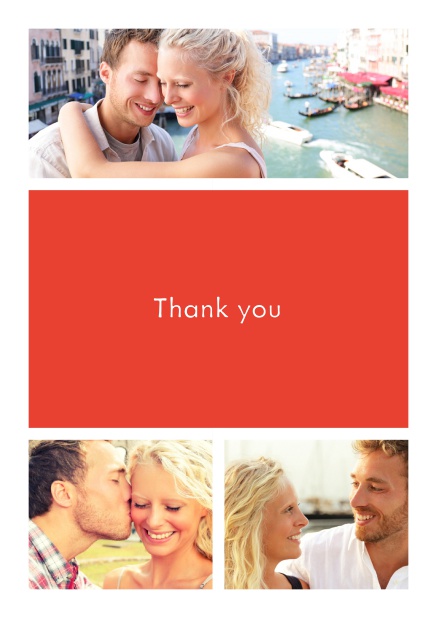 Online Thank you card with three photo fields surrounding a colorful textfield. Red.