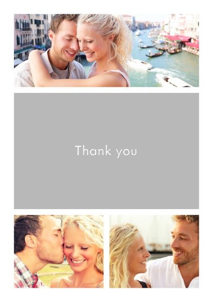 Online Thank you card with three photo fields surrounding a colorful textfield. White.