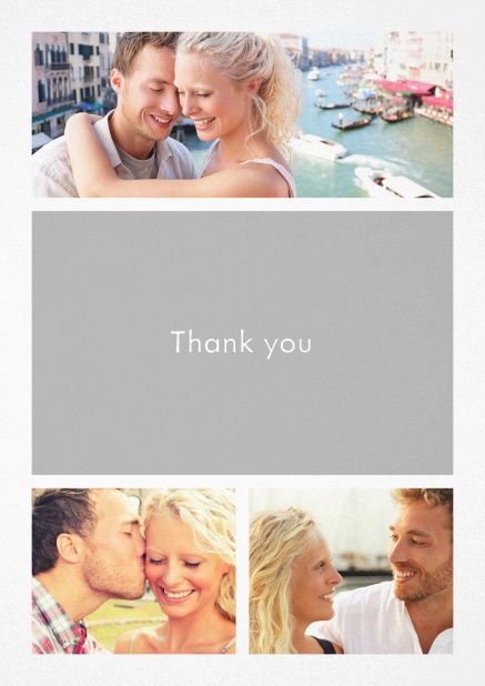 Thank you card with three photo fields and a text field in various colors. White.