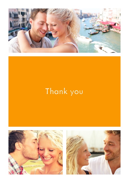 Online Thank you card with three photo fields surrounding a colorful textfield. Yellow.