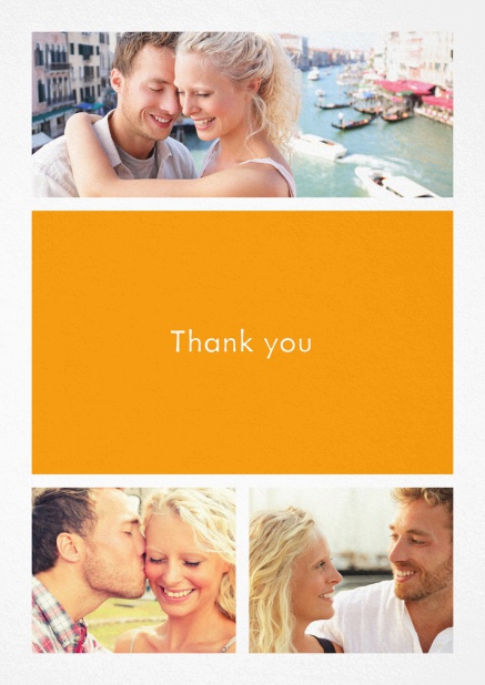 Thank you card with three photo fields and a text field in various colors. Yellow.