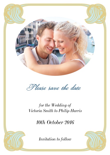 Online Wedding save the date with oval photo field and art-nouveau shell corners.