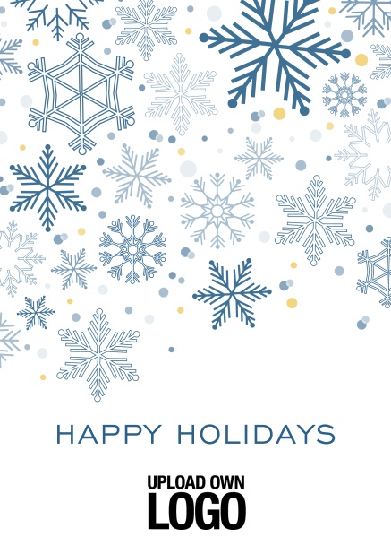 Online Corporate Christmas card in various colors, with snow flakes, text and logo option. Blue.