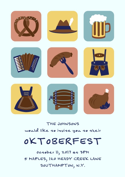 Online Invitation card for Oktoberfest celebrations with 9 classic images, e.g. beer mug, wurst, pretzel. Blue.