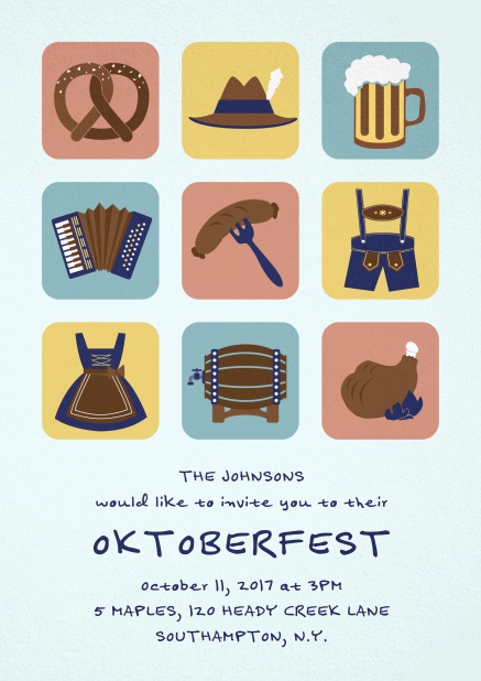 Invitation card for Oktoberfest celebrations with 9 classic images, e.g. beer mug, wurst, pretzel. Blue.