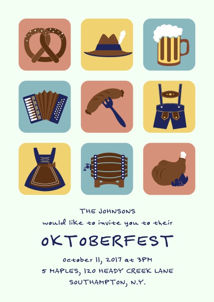 Online Invitation card for Oktoberfest celebrations with 9 classic images, e.g. beer mug, wurst, pretzel. Green.
