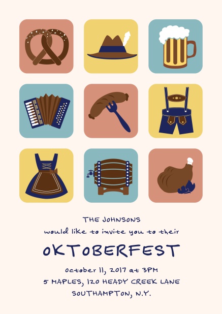 Online Invitation card for Oktoberfest celebrations with 9 classic images, e.g. beer mug, wurst, pretzel. Pink.