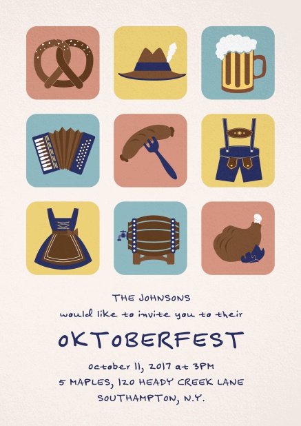 Invitation card for Oktoberfest celebrations with 9 classic images, e.g. beer mug, wurst, pretzel. Pink.