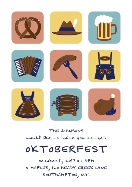 Online Invitation card for Oktoberfest celebrations with 9 classic images, e.g. beer mug, wurst, pretzel. White.