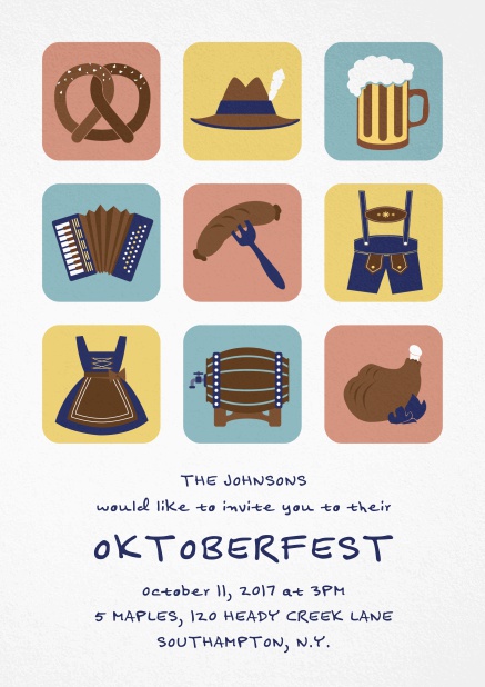 Invitation card for Oktoberfest celebrations with 9 classic images, e.g. beer mug, wurst, pretzel.