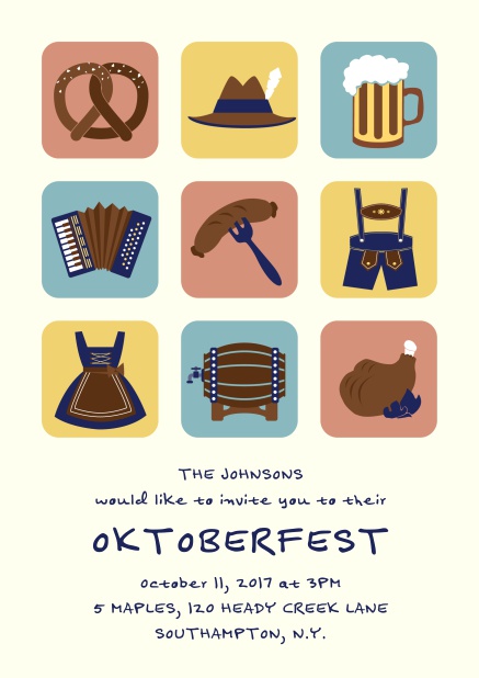 Online Invitation card for Oktoberfest celebrations with 9 classic images, e.g. beer mug, wurst, pretzel. Yellow.