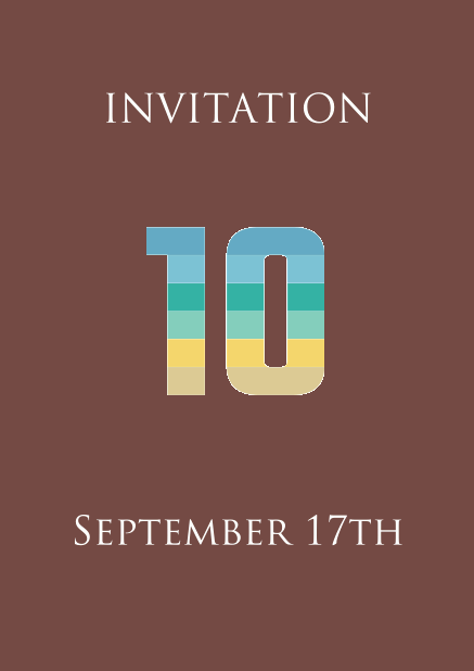 Online invitation card to a 10th Anniversary Celebration with an animated number 10 animating in blue, green and yellow. Gold.