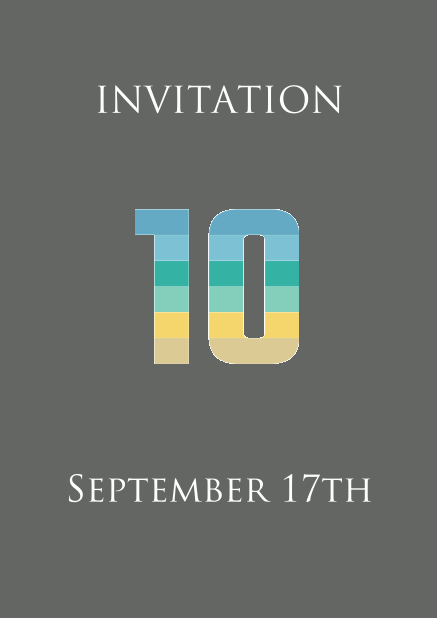 Online invitation card to a 10th Anniversary Celebration with an animated number 10 animating in blue, green and yellow. Grey.