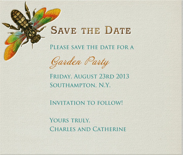 Online Save the Date Karte mit goldener Libelle.