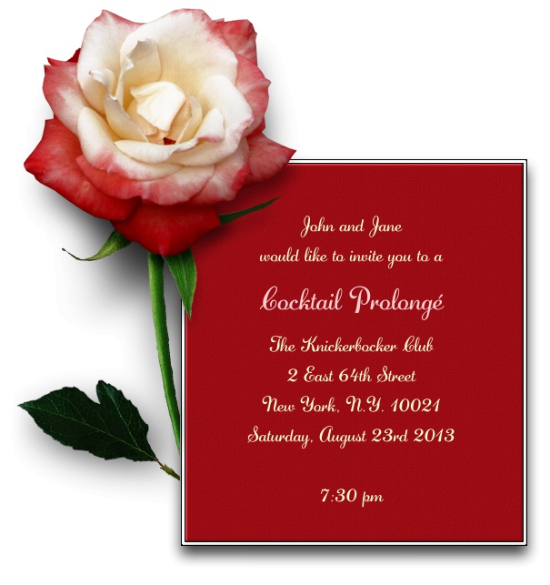 Blumen Einladungskarte in rot it weissen Rahmen und digitaler Version einer echten weiss roten Rose an der linken oberen Seite.