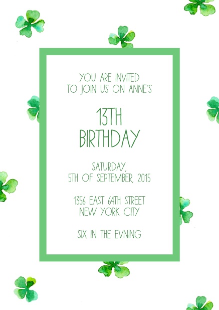 White online invitation card with green frame and clovers