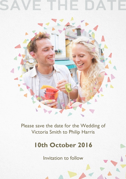 Wedding save the date card with oval photo and colorful deco.